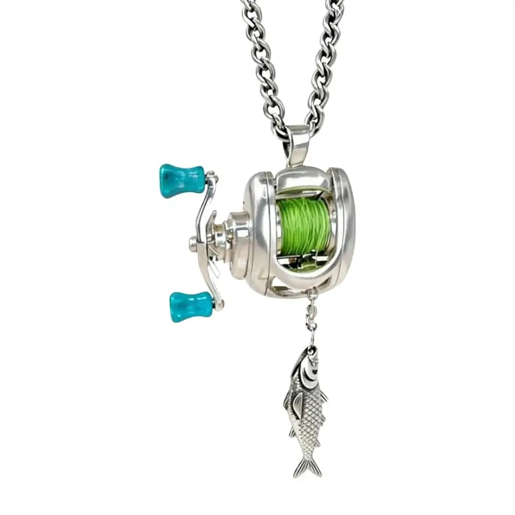 Miniature Fishing Reel Necklace Set Interactive Rotating Handle Pendant Chain Jewelry Keyring Accessory Gift for Anglers
