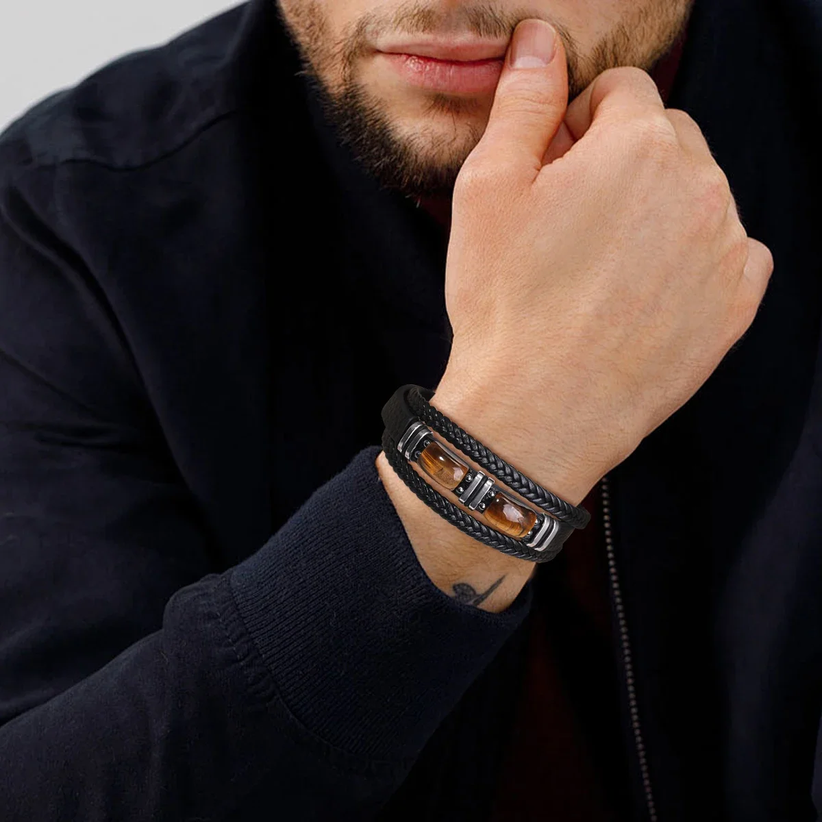 Fashion Charm Men's Bracelet Magnet Buckle Leather Bracelet Natural Stone Tiger's Eye Obsidian Bracelet Men's Jewelry Gifts view 5