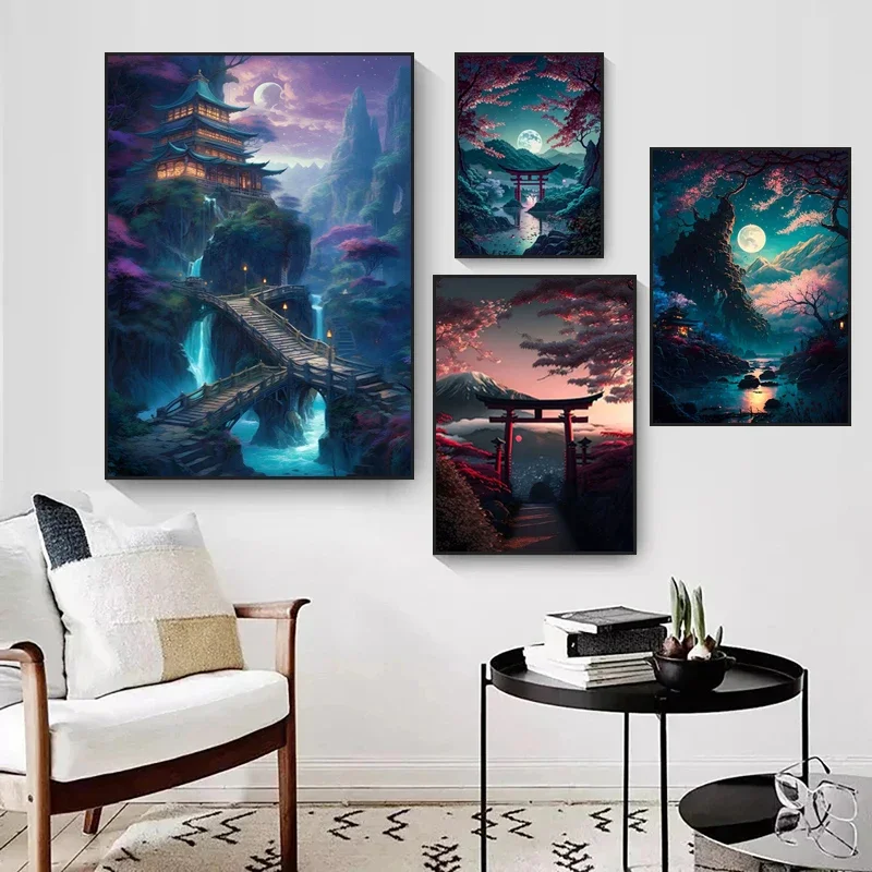 1PC Large-sized frameless canvas paintings,Abstract Art Japanese Fuji Mountain Poster Canvas Painting Cyberpunk Landscape Corrid