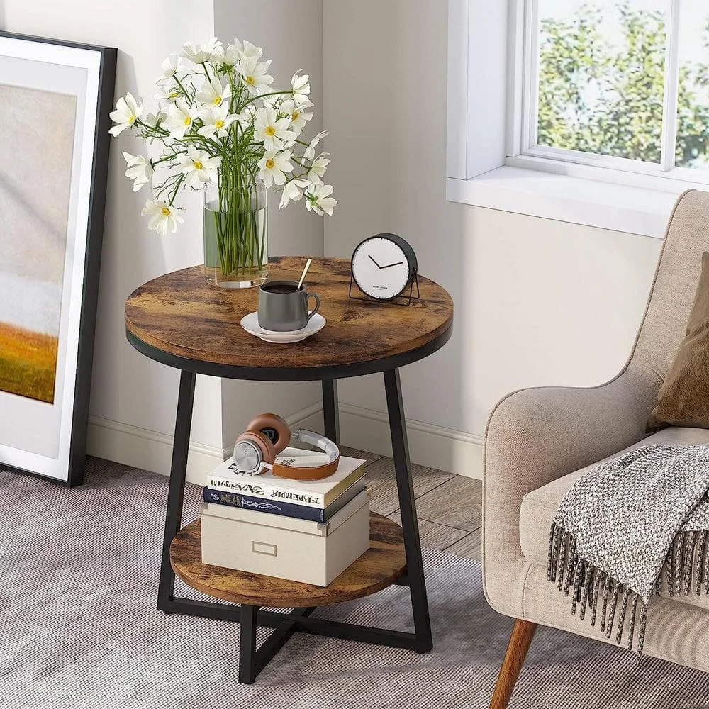 

20 in. Rustic Brown Round Wood End Table with 2 Tier Storage Shelf Side Table, Nightstand Bedside Table