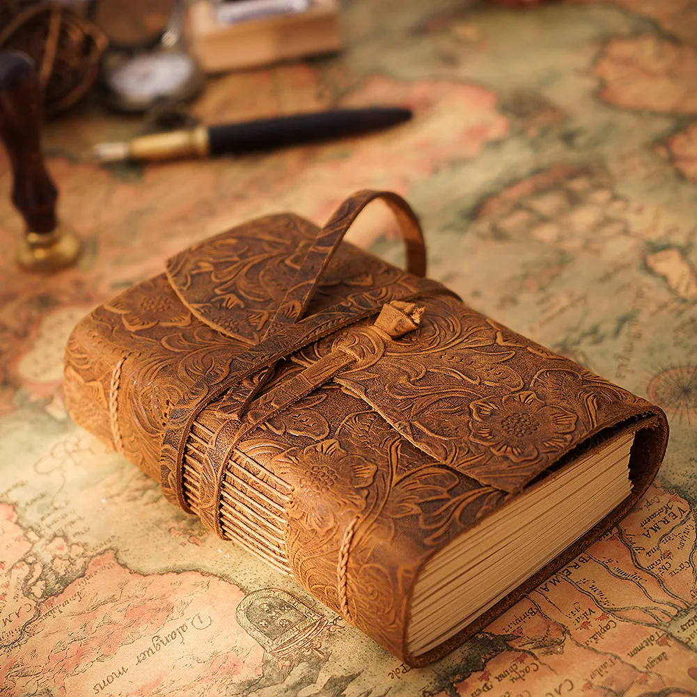 Vintage Handmade Crazy Horse Leather Journal, 400 Pages Blank Kraft Paper Sketchbook, Retro Travel Diary Notebook Sketch Writing