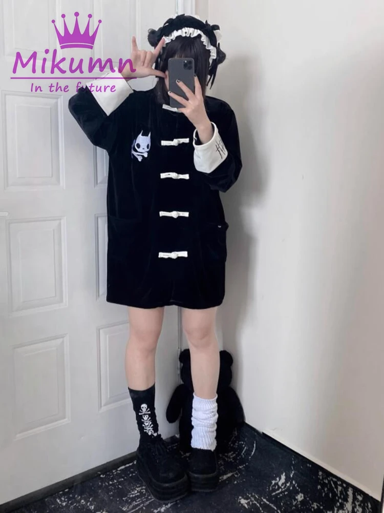 Y2k Japanese Harajuku Punk Women Dress Gothic Lolita Kawaii Embroidered Chinese Stand Collar Vintage Velvet Dress Autumn Coats