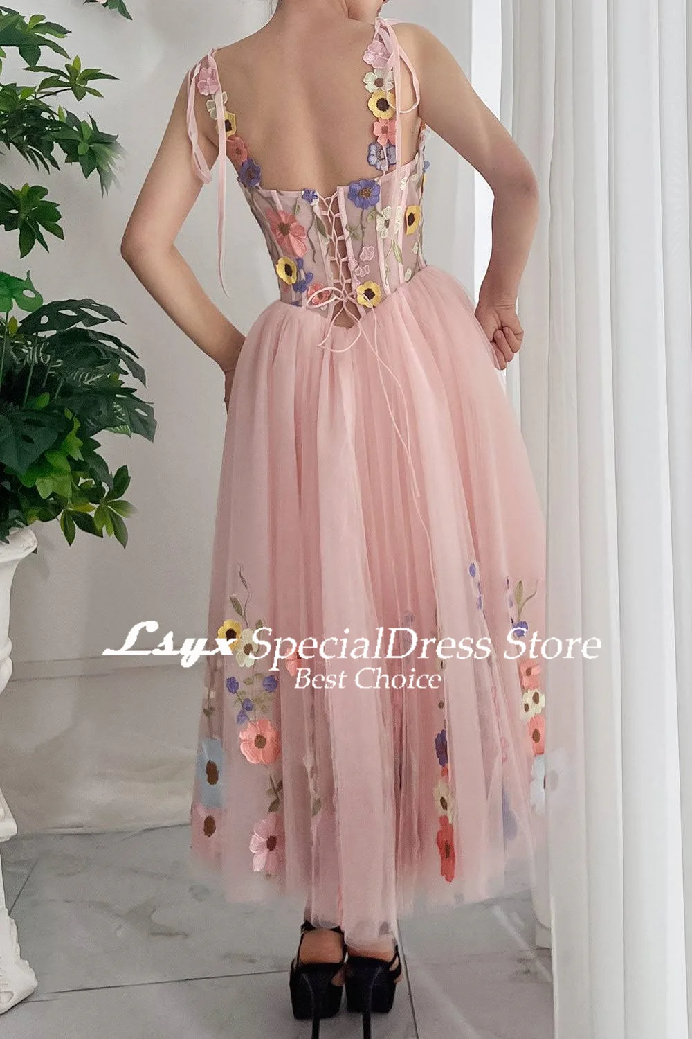 LSYX Pastrol Floral Appliques Prom Gown A-line Ankle-Length Homecoming Dresses 2024 Fairy Spaghetti Strap Birthday Party Dresses