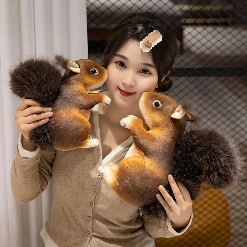 Furry Simulated Squirrel Plush Toys Cute Lifelike Wild Small Animals With Large Tails Stuffed Doll Model Kids Birthday Gifts