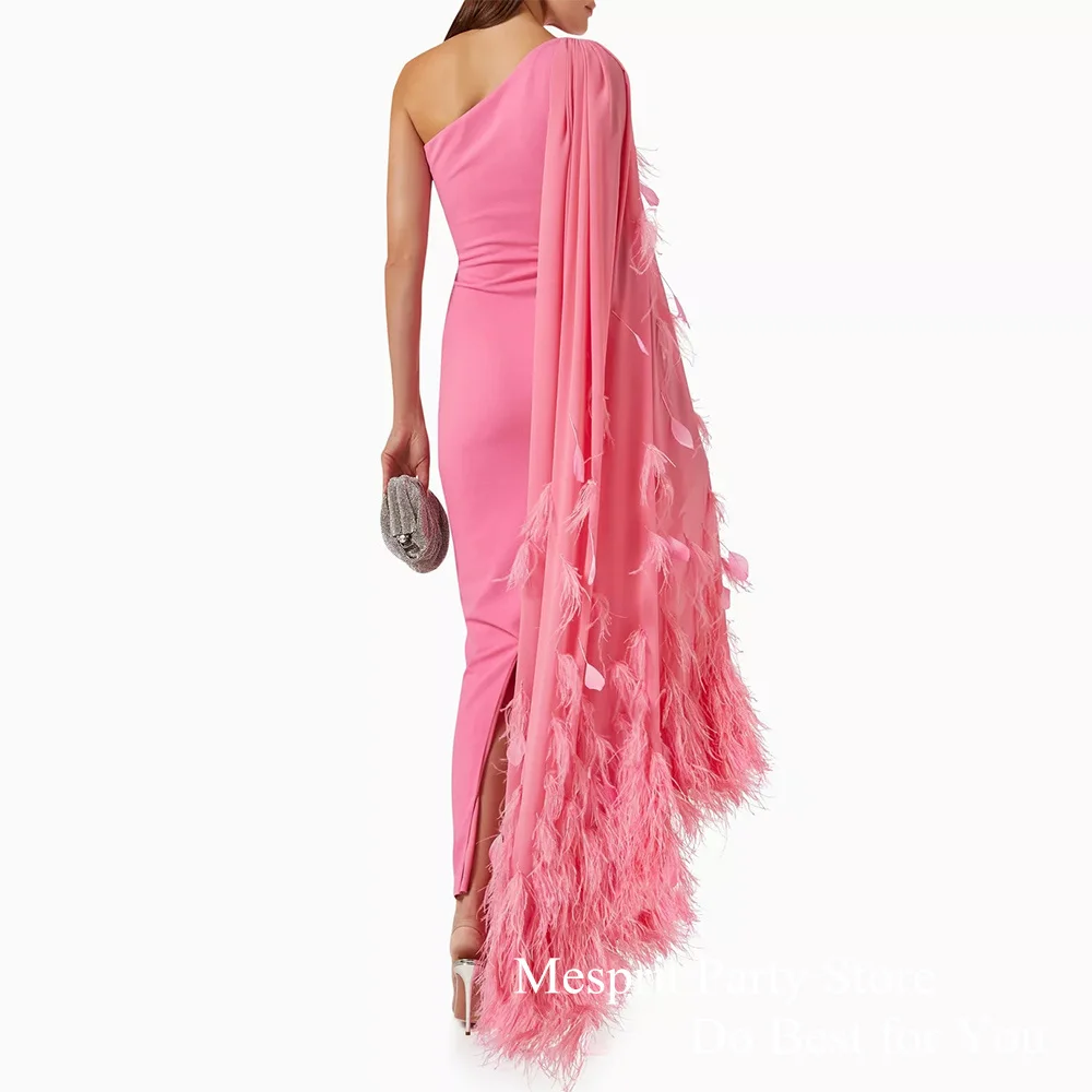 Fashion Feathers Prom Dress  with Cape One Shoulder Pleat Ankle Length Formal Evening Dresses Saudi Arab فساتين للمناسبات الرسمي