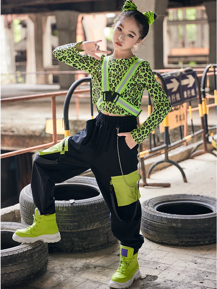 Ropa de baile callejero para niños, traje de Jazz, ropa de rendimiento Rave, disfraces de baile de Hip Hop, Tops verdes, pantalones Cargo con cinta reflectante