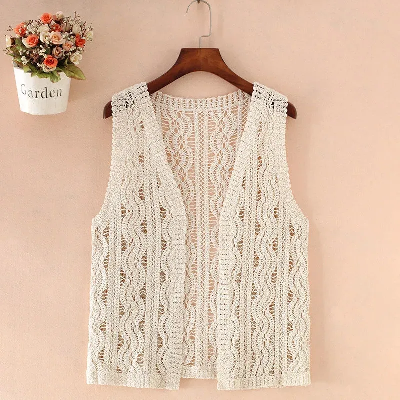 Women Vest Hollow Out Tank Top Solid Color Short Knitted Waistcoat Sleeveless Jacket Lace Crochet Cardigan Sweater Knitwear X131