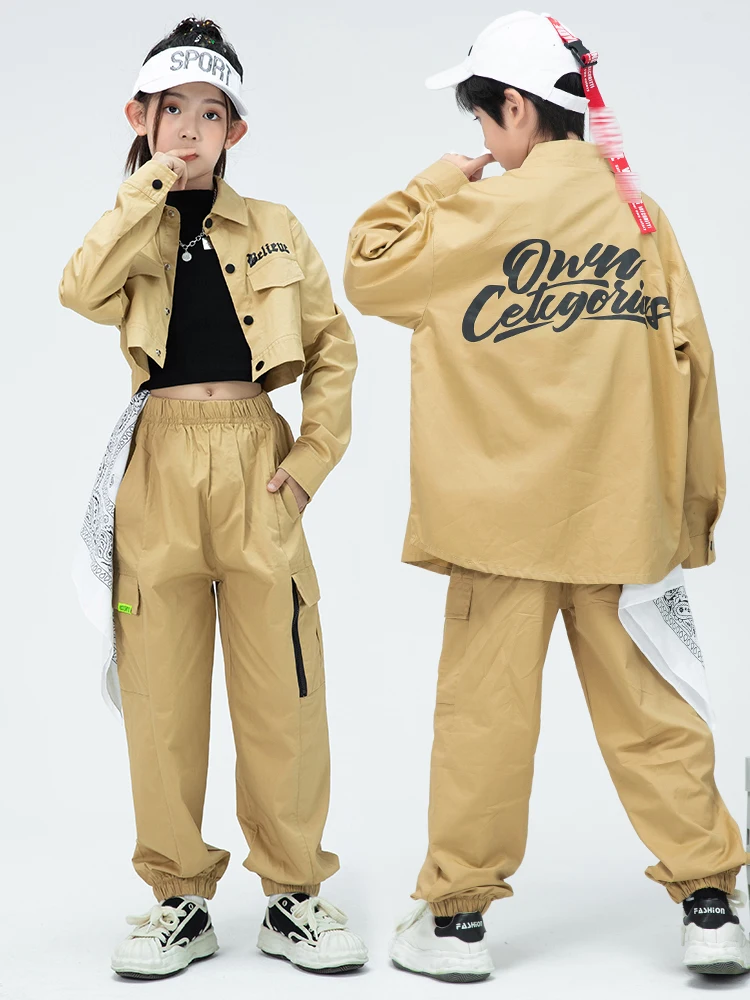 Kids Hip Hop Dance Costume Tooling Clothes For Girls Khaki Navel Jazz Performance Outfit Kpop Stage Wear Boys Hiphop Suit BL9353