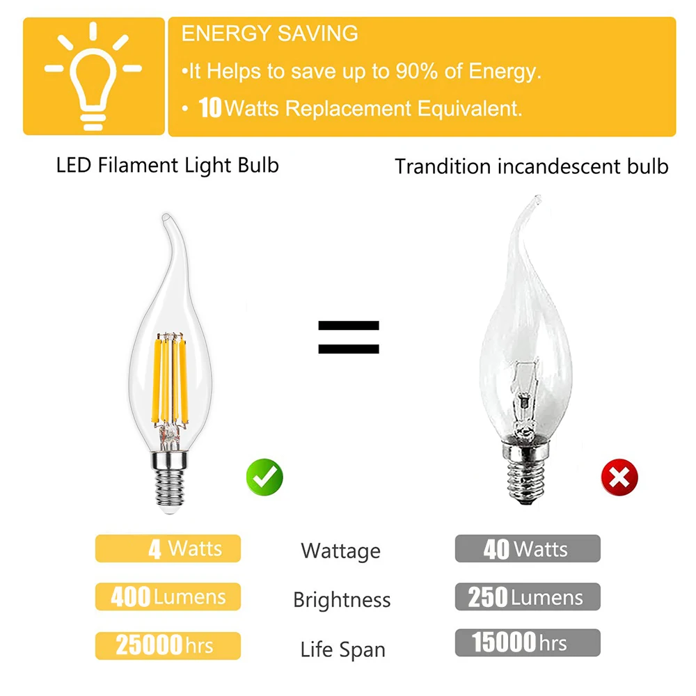 Lâmpada de vidro transparente vela noite, LED filamento ponta Bent para sala de estar luz de teto, lâmpadas substituíveis, C35, E14, E12, 4W, 6W, branco quente