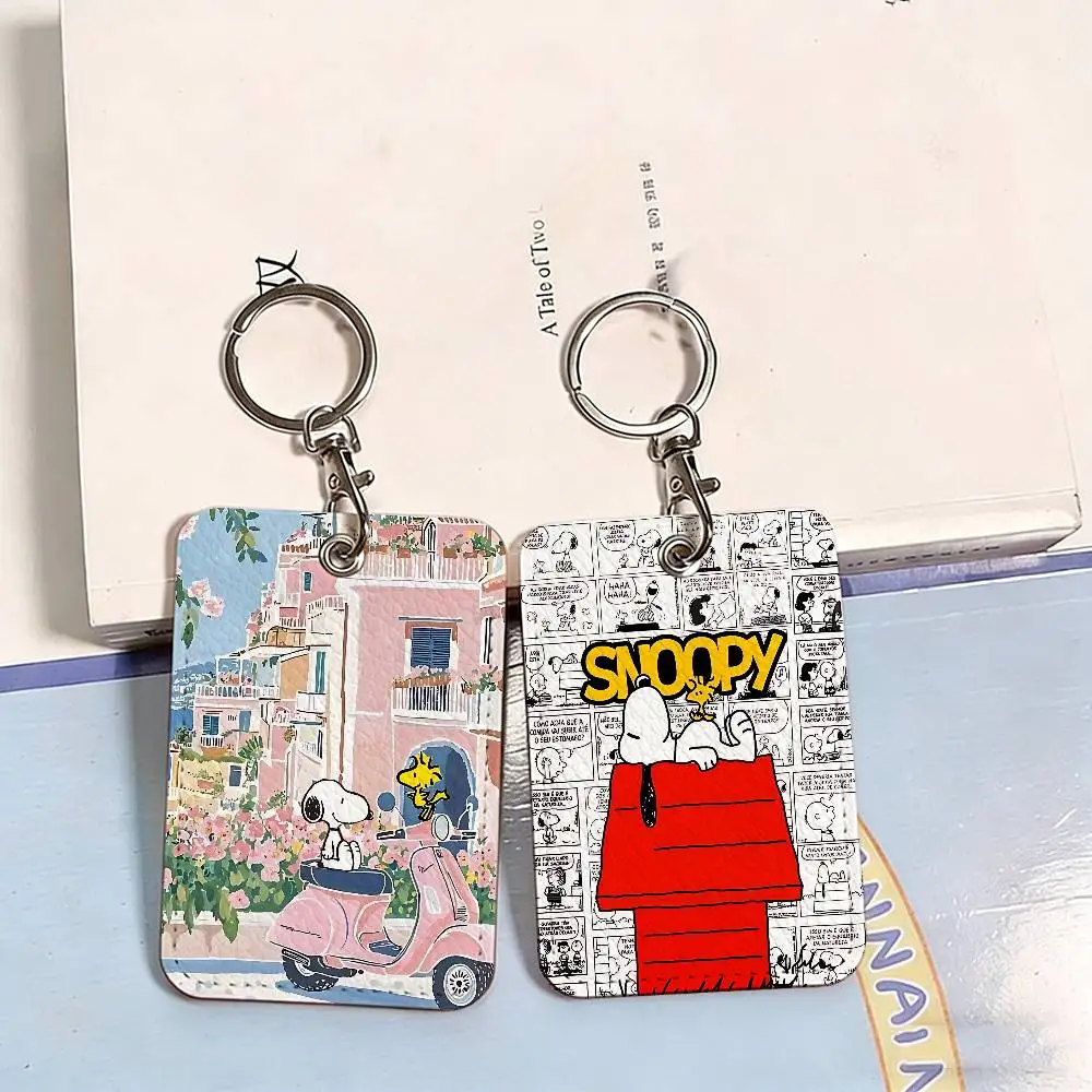 The S-Snoopys Show Cartoon 1Pc PU Leather Card Holder Keychain Key Ring Door Lock Access Tags ID Card Case Keychain Card