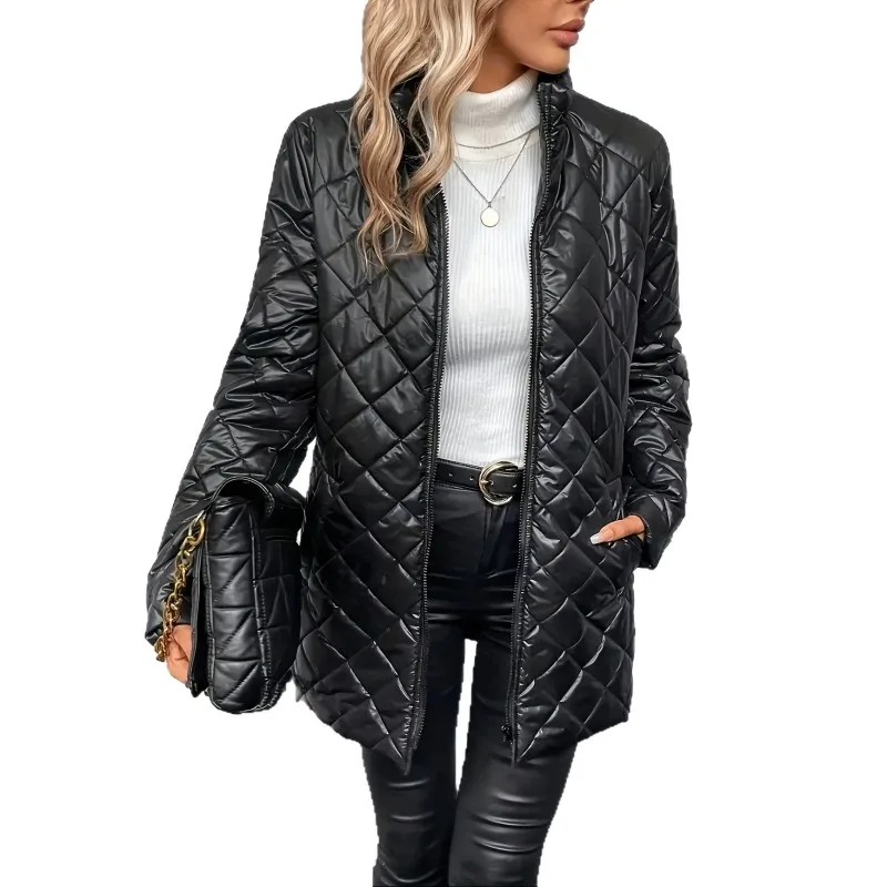 Women Autumn Winter Diamond Quilted Padded Vest Solid Color Zip Pocket Warm Sleeveless Outerwear