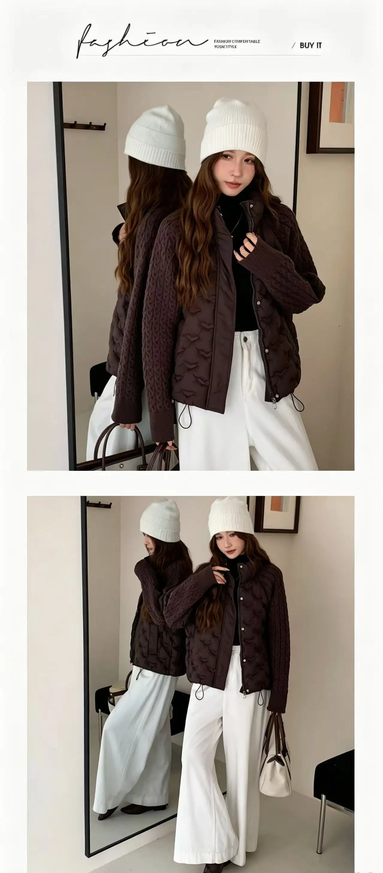 Korean Cable Knit Sleeve Spliced Padded Jacket 2026 Winter Stand Collar Warm Puffer Jacket Women All Match Casual Quilted Parkas
