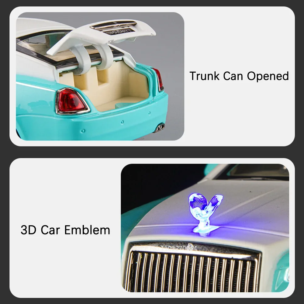 1/32 Rolls-Royce Wraith Car Model Toys Diecast Alloy Vehicle 4 Doors Opened Rubber Tire Sound Light Pull Back Toy Gifts for Kids