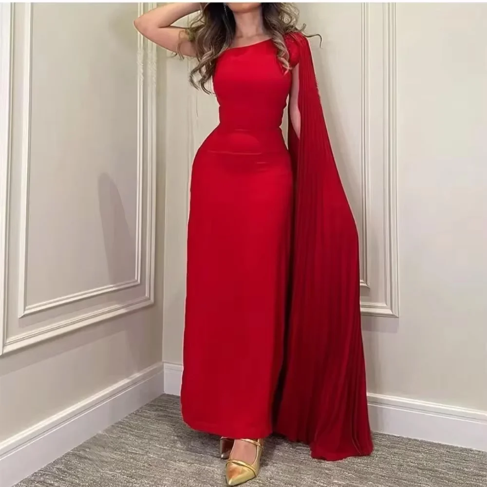 

Simple Classical Chiffon Evening Dresses Cape Sheath Ankle Length Prom Dress One-Shoulder Ruched Gowns High quality Simple sexy