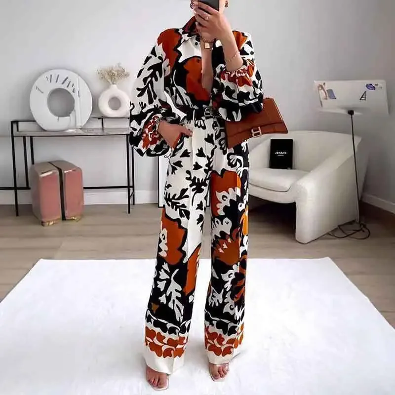 

Fashions Printed Two Piece Set Women 2023 Autumn New Pant Sets Lapel Long Sleeve Shirts High Waist Wide Leg Pants Suits Casual