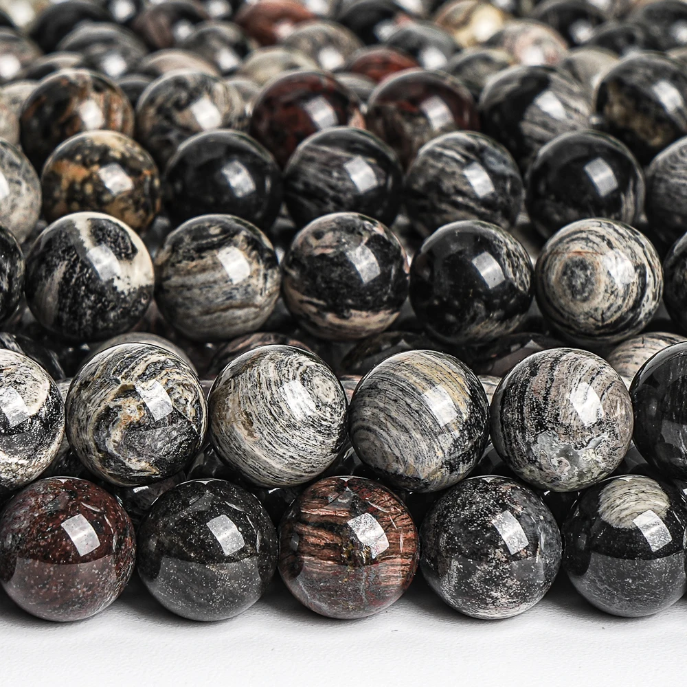 Natural Black Silver Leaf Jasper Beads Strands Gray Brown Round Loose Beads For Jewelry Making DIY Bracelet Make Bracelets