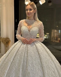 Glamorous Pearls Sequins Beading Princess Wedding Dresses Long Sleeves Bride Ball Gowns Customized Vestidos De Novia