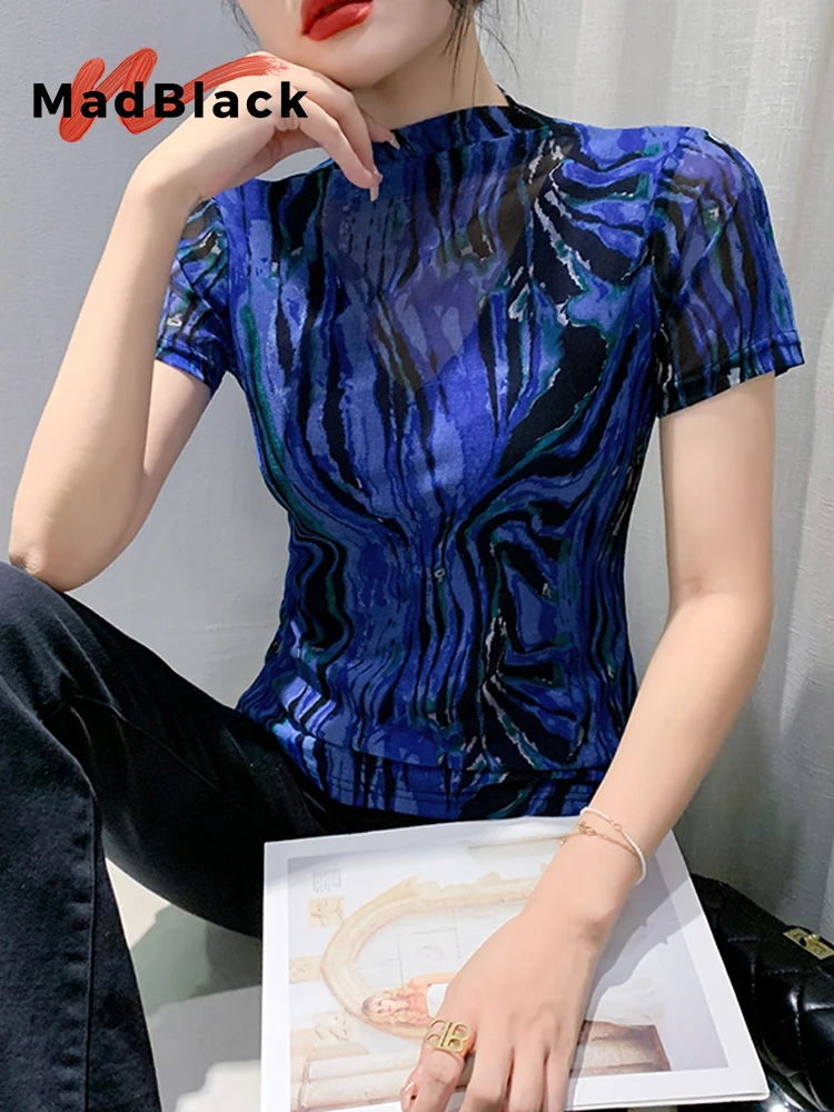 

MadBlack-женская европейская футболка, сексуальный принт с воротником-стойкой, уличная тонкая сетчатая футболка с короткими рукавами M-3XL, весенняя новинка 2026 T61269CC