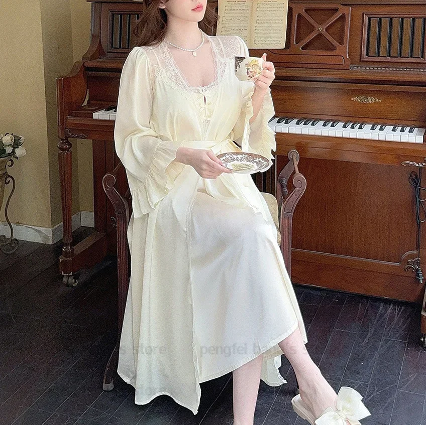 

Длинная ночная рубашка, комплект из 2 предметов, розовая ночная рубашка в стиле принцессы, мягкий атласный халат, кимоно, банный халат с расклешенными рукавами, Vestidos De Novia