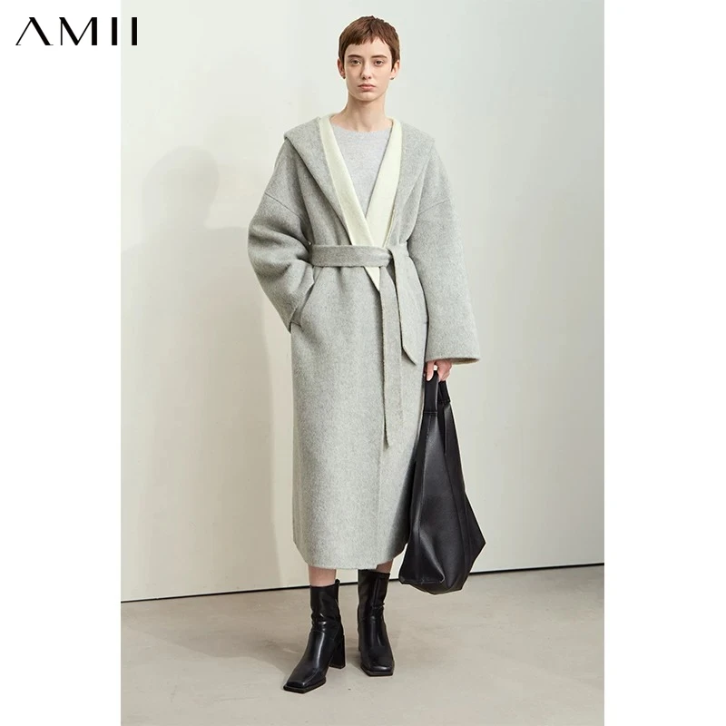 AMII Minimalism Hooded Woolen Coat For Women 100% Wool Color Contrast Double-sided 2026 Winter Drop Sleeve Casual Coat 12444017