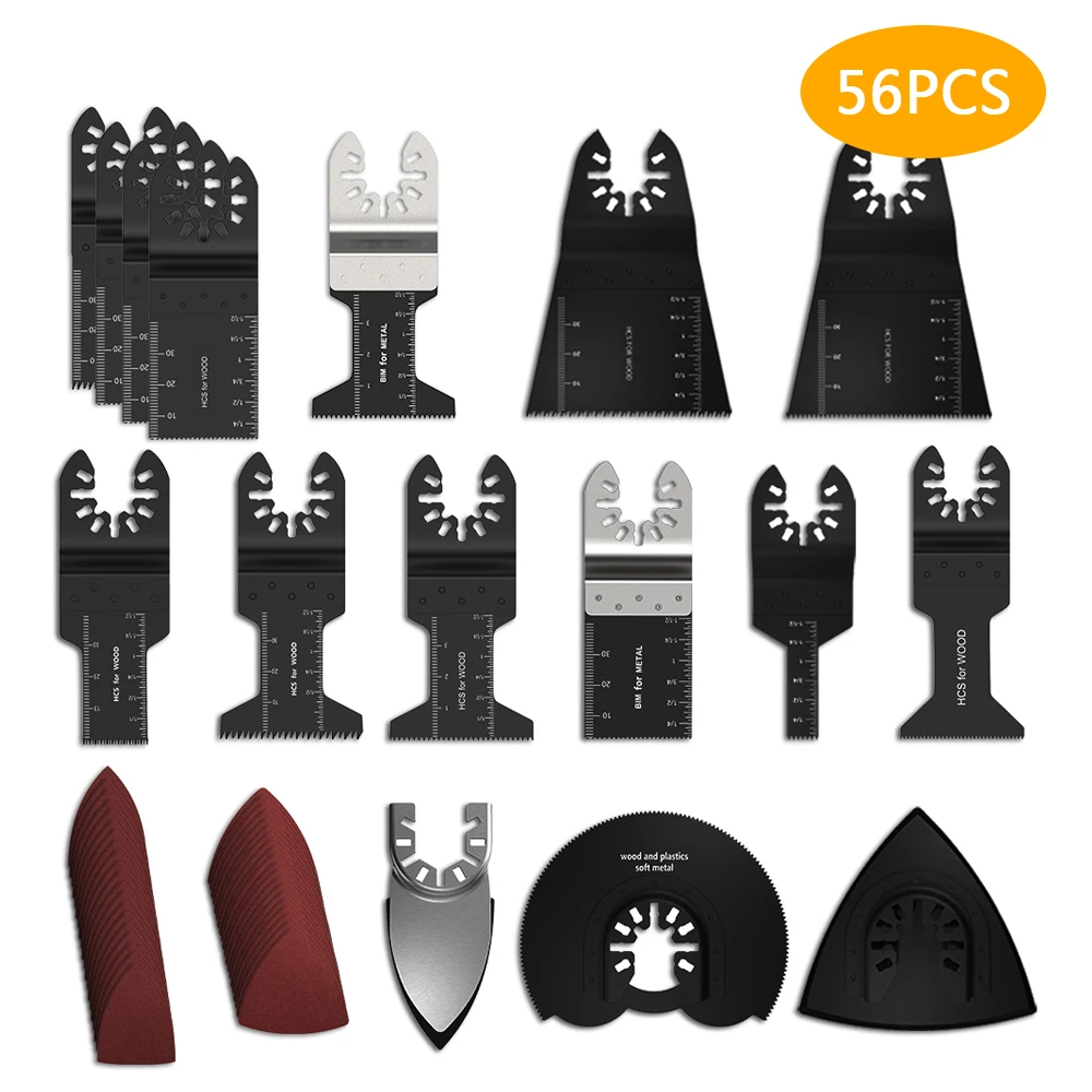 56pcs Multitool Blades High Carbon Steel Mix Oscillating Saw Blades Quick Release Oscillating Blades for Wood Plastic Metal Cut