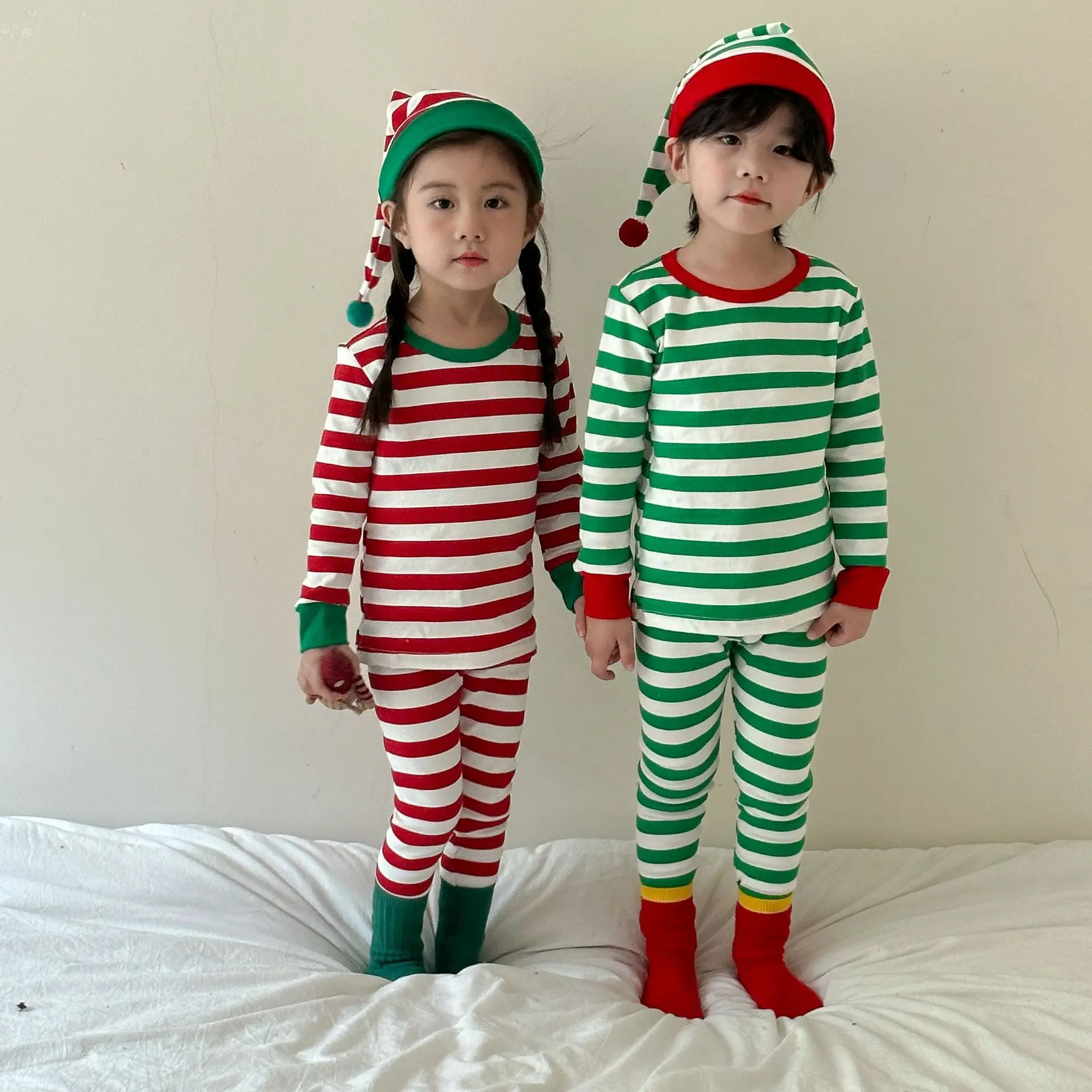 Autumn Winter Kids Girls Christmas Thermal Underwear Baby 2PCS Pajamas Set Cotton Striped Children Girls Homewears With Hat