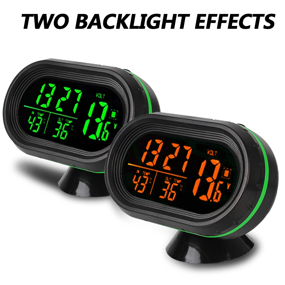 3 IN 1 Thermometer Clock Voltmeter Car LCD Digital Display Clock Freeze Alert Self-Adhesive Car-Styling Green + Orange Backlight