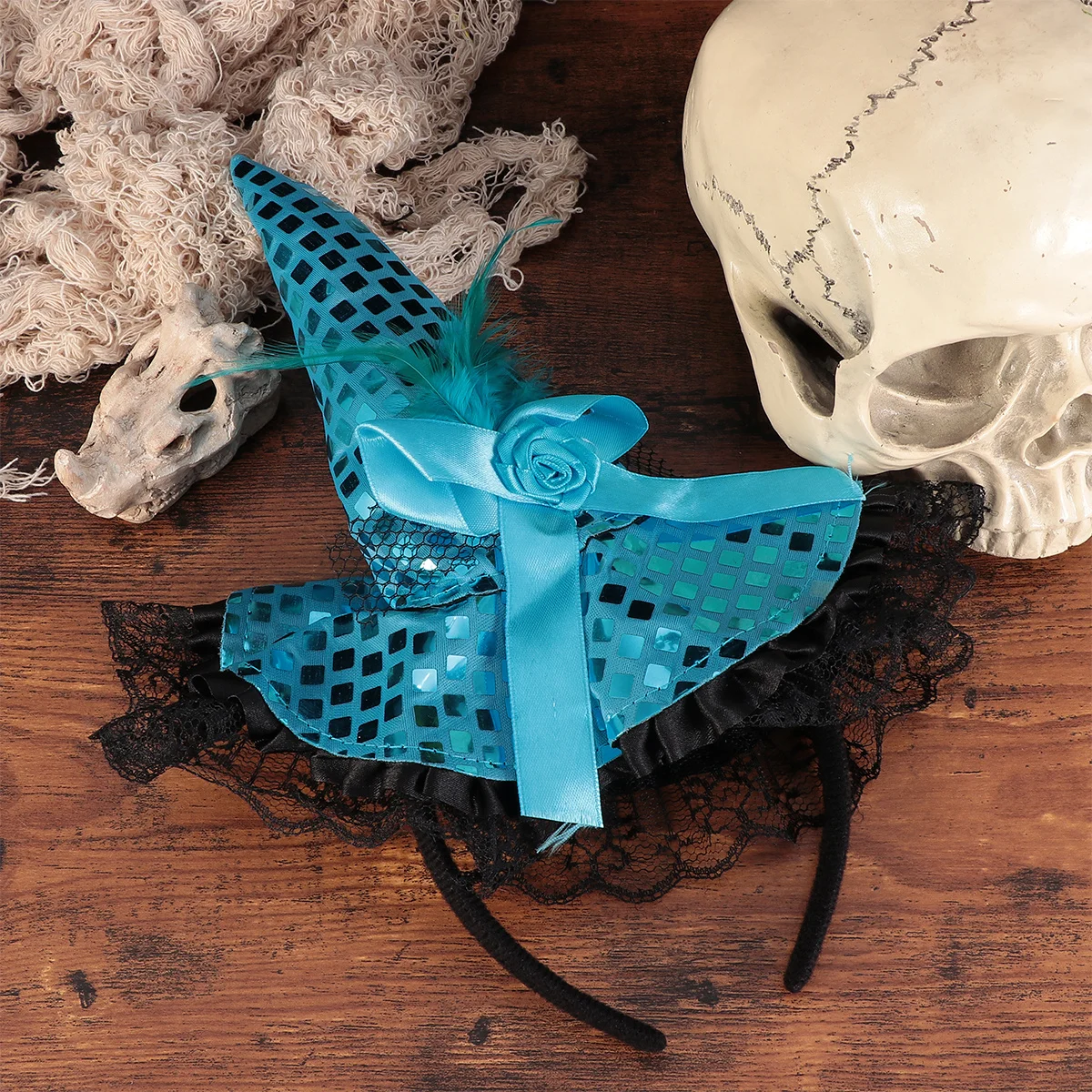 

2 шт., повязка на голову ведьмы на Хэллоуин, синее кружево, рюши, блестки, маскарадная вечеринка, фестивальные аксессуары, нарядное платье для косплея, шляпа