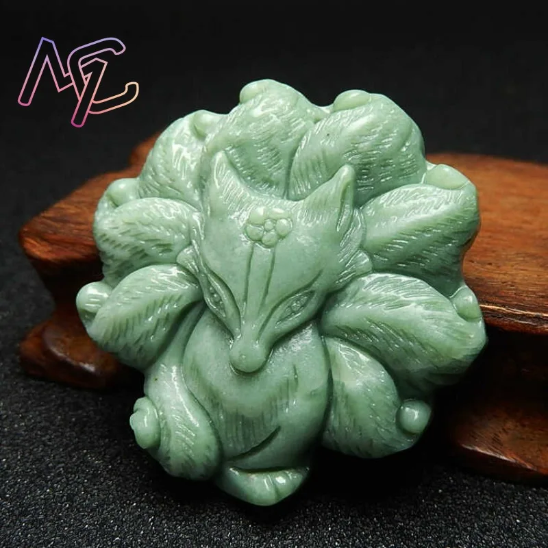 Guizhou Jade Nine Tailed Fox Pendant Necklace Accessories Jewelry Amulets Green Gifts Women Natural Carved Real Charms