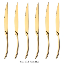 6Pcs Stainless Steel Gold Steak Knife Sharp Table Knives Set Restaurant Cutlery Dinner Knife Mirror Steak Knives Dinnerware Set