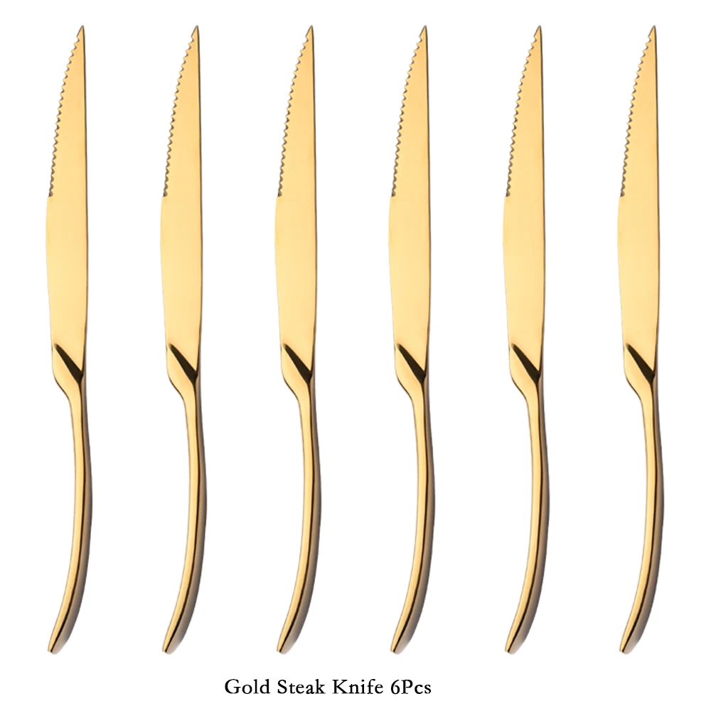 6Pcs Stainless Steel Gold Steak Knife Sharp Table Knives Set Restaurant Cutlery Dinner Knife Mirror Steak Knives Dinnerware Set