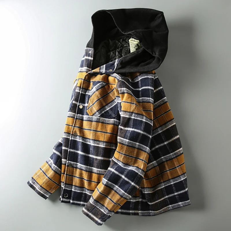 

Autumn Winter Thickened Flannel Plaid Shirt Style Coat Warm Cotton Lined Hooded Youth Fashion Outerwear Long Sleeve Button up
