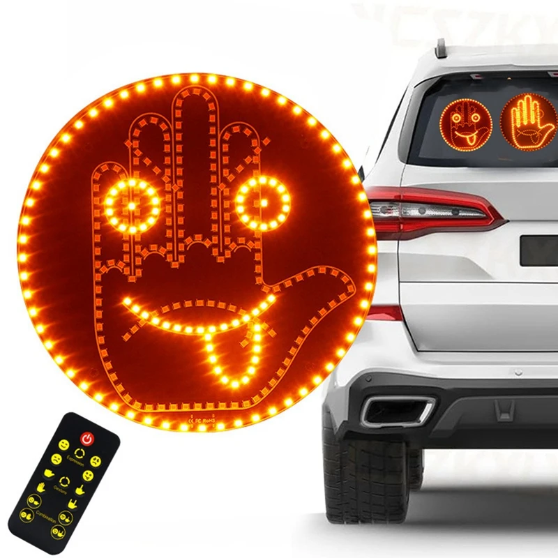 Road Mate Hand, 4 Emojis And 4 Gestures Finger Flicker Car Hand Light With Remote, Funny Road Rage LED Sign For Car