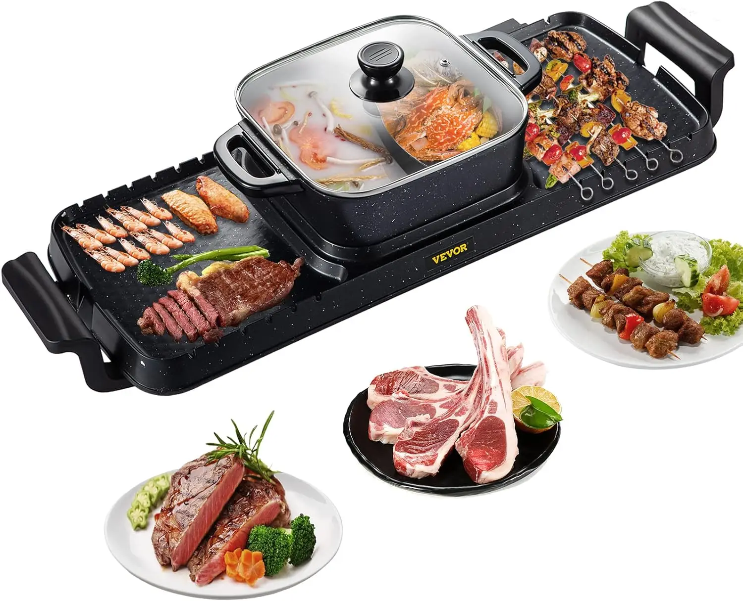 Grill and Hot Pot, 2400W Electric Smokeless Grill and Hot Pot, 2 in 1 Electric Hot Pot with Dual Temp Control, Multifunctional T