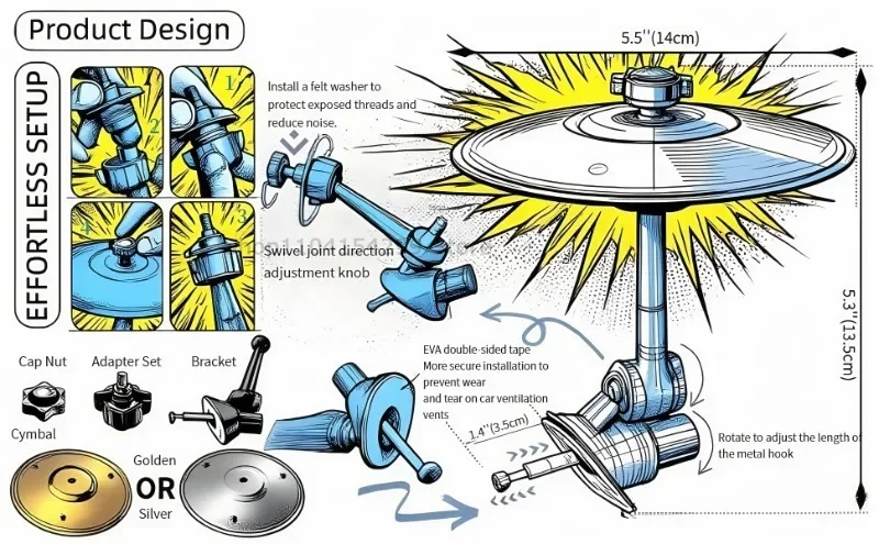 Universelle Mini-Trommeln, die mit Becken kollidieren, als Lüftungsdekoration für das Auto, robustes Auto-Innenzubehör, stoßfestes Design – Detail 9