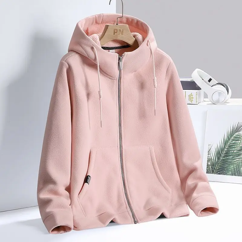 Solid Cashmere Fleece Hoodies Women Sweatshirt Autumn Winter Jacket Breathable Leisure Walk Warm Hooded Zipper Top Lady Coat