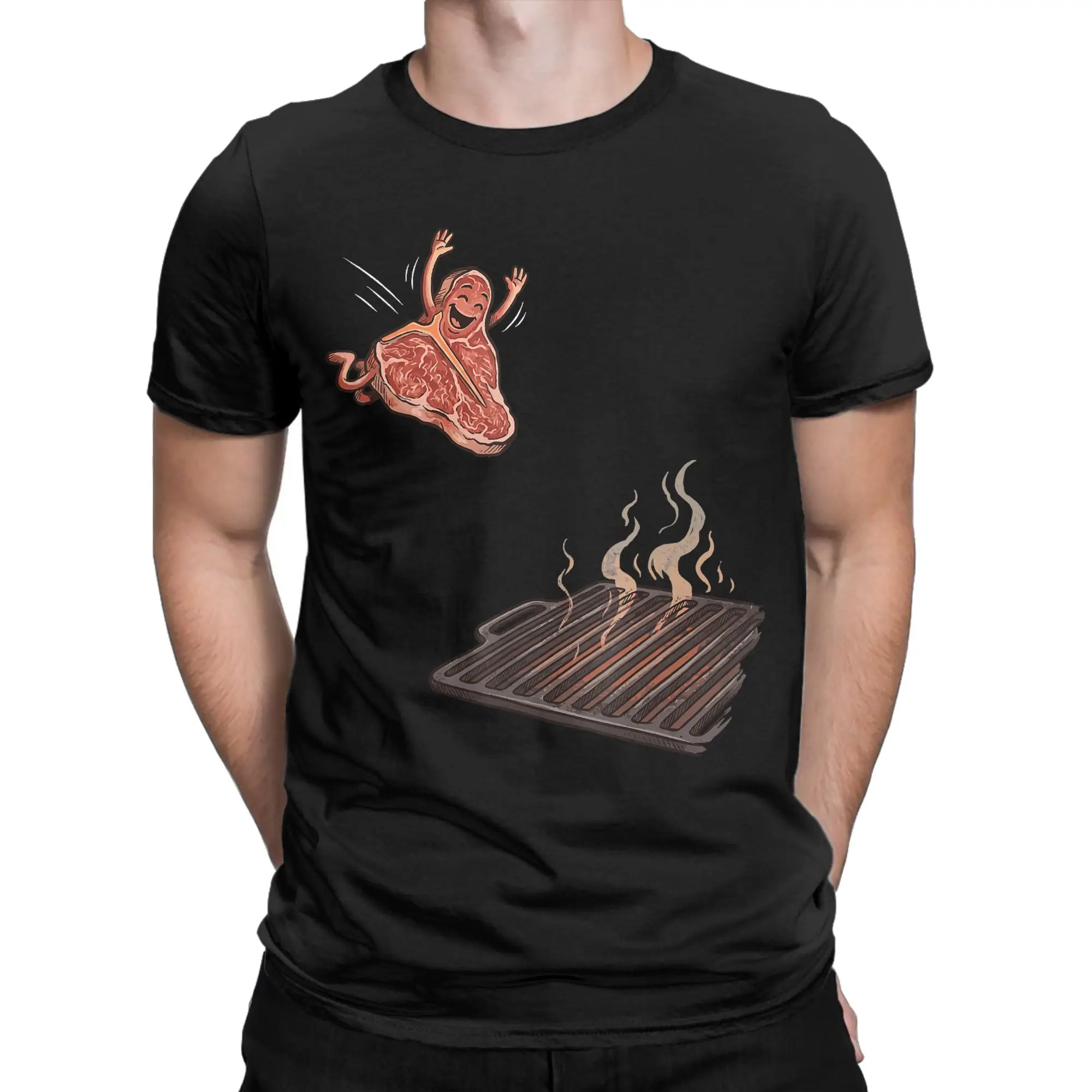 BBQ Steak Meme Cute Meat Jumping Into Grill T Shirt for Men Cotton T-Shirts Round Collar  Tee Shirt Short Sleeve Clothing Summer