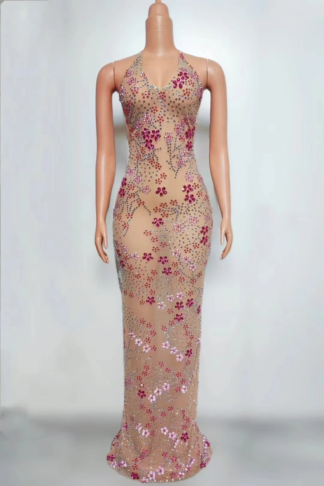 

Plum Hanging Neck Deep V Backless SexyColored Diamond Mesh Tight Fitting DressNightclub Bar Performance Clothing A648
