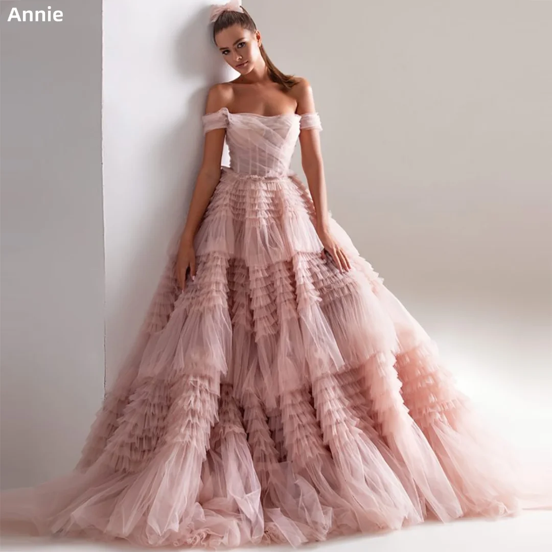 Warstwowe sukienki na studniówkę z odkrytymi ramionami فساتين السهرة Pink Tulle Ruffle Formal Occasion Party Dress Vestidos De Noche Customized