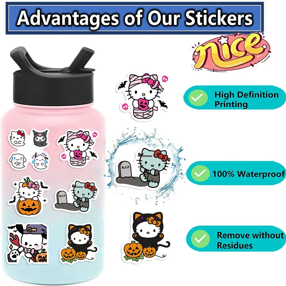 10/30/52PCS Funny Halloween Sanrio Hello Kitty Pom Pom Purin Stickers Kawaii Kids Sticker Decoration For Stationery Fridge Bike