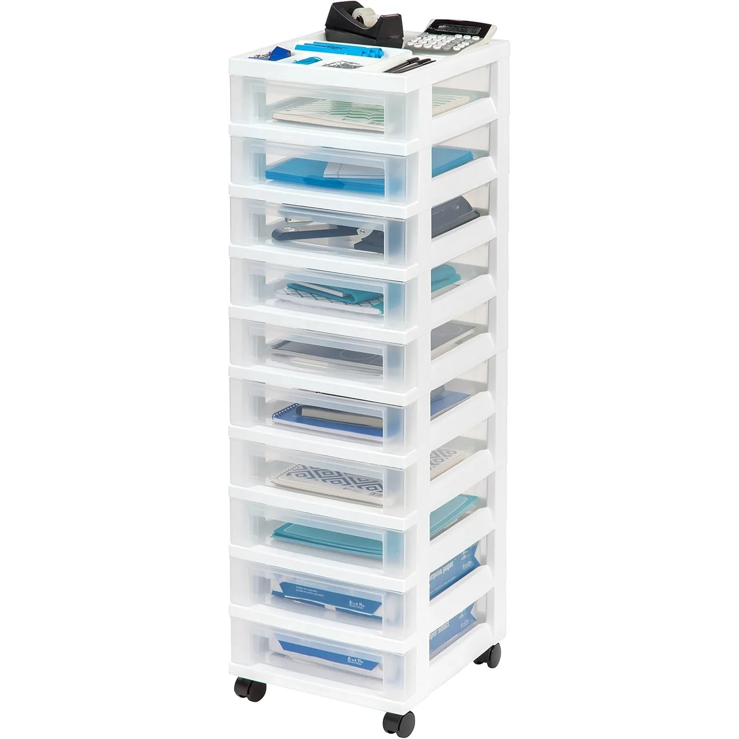 Plastikowy organizer do przechowywania szuflad Wózek na kółkach z kółkami 10 szuflad, do klasy Art Craft Supplies Dresser, biały/przezroczysty