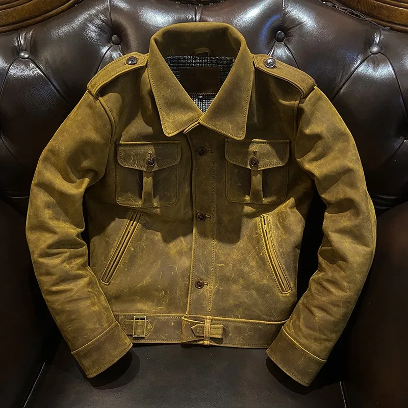 

Мужское утолщенное кожаное пальто Crazy Horse из неокрашенной воловьей кожи в стиле милитари