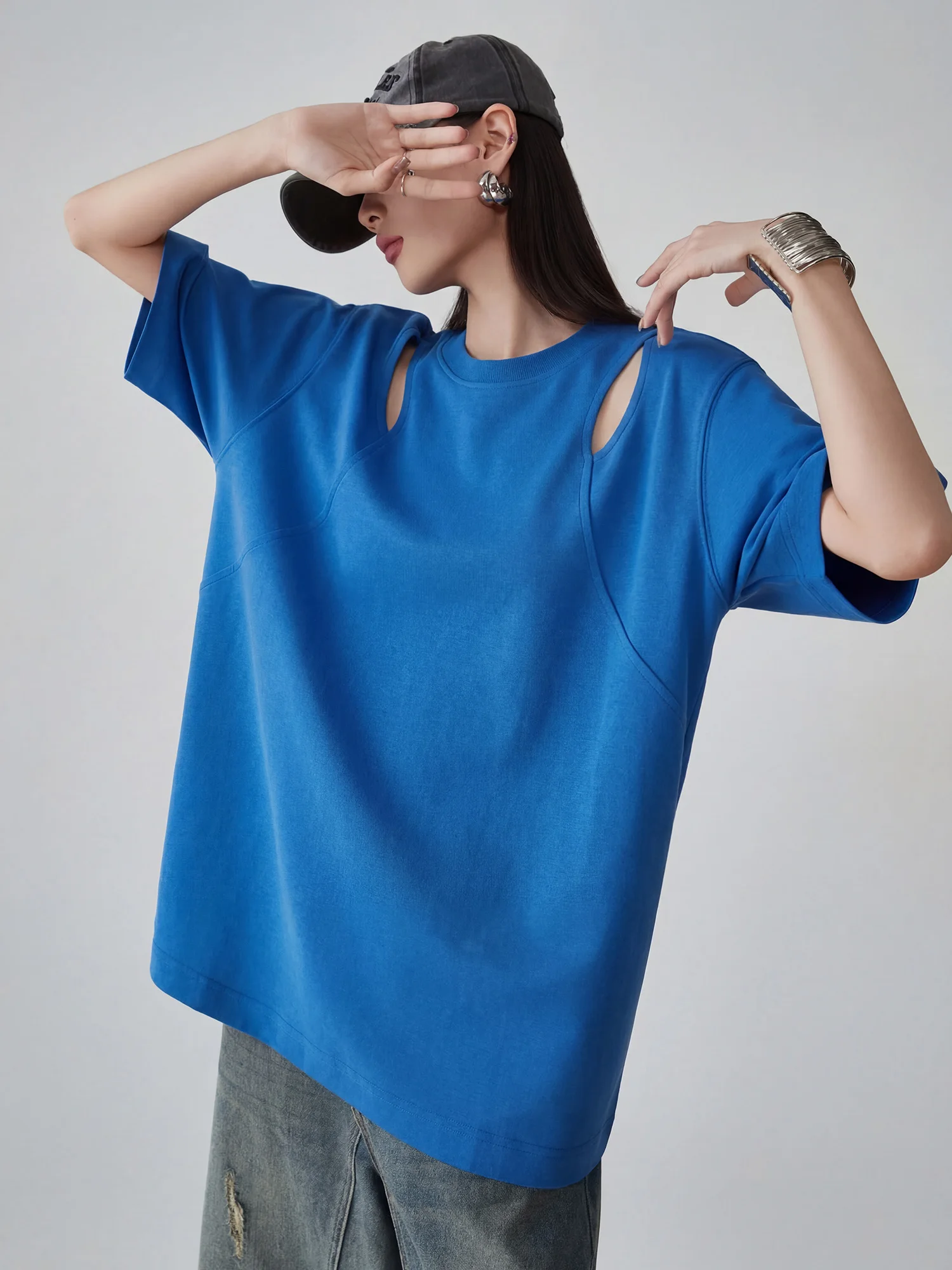 

Синяя женская футболка в повседневном стиле с коротким рукавом, свободного кроя, с круглым вырезом, с вырезами, летний универсальный топ, удобный, из полиэстера