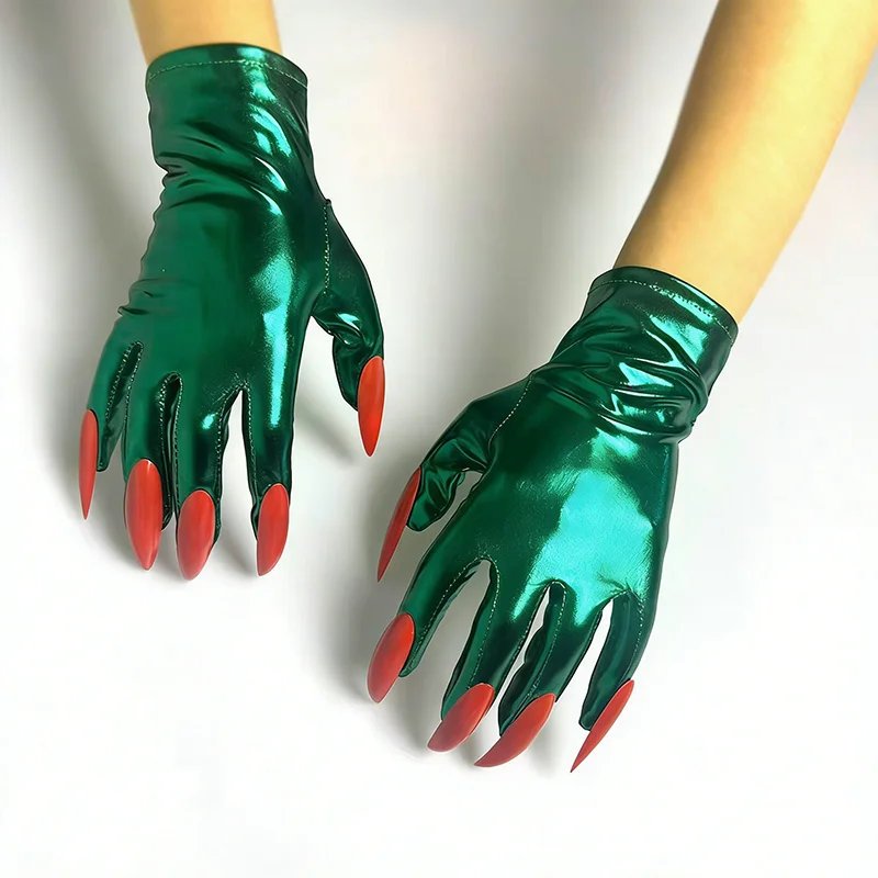 Women Shiny Metallic Patent Leather Gloves with Long Red Nails Witch Claw Costume Props for Halloween Cosplay Gothic Party