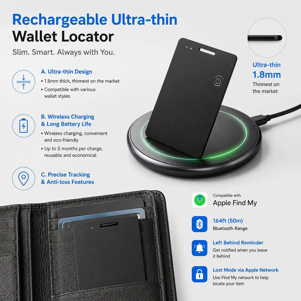 Ultra Thin Bluetooth Rechargeable Pet Tracker Key Finder