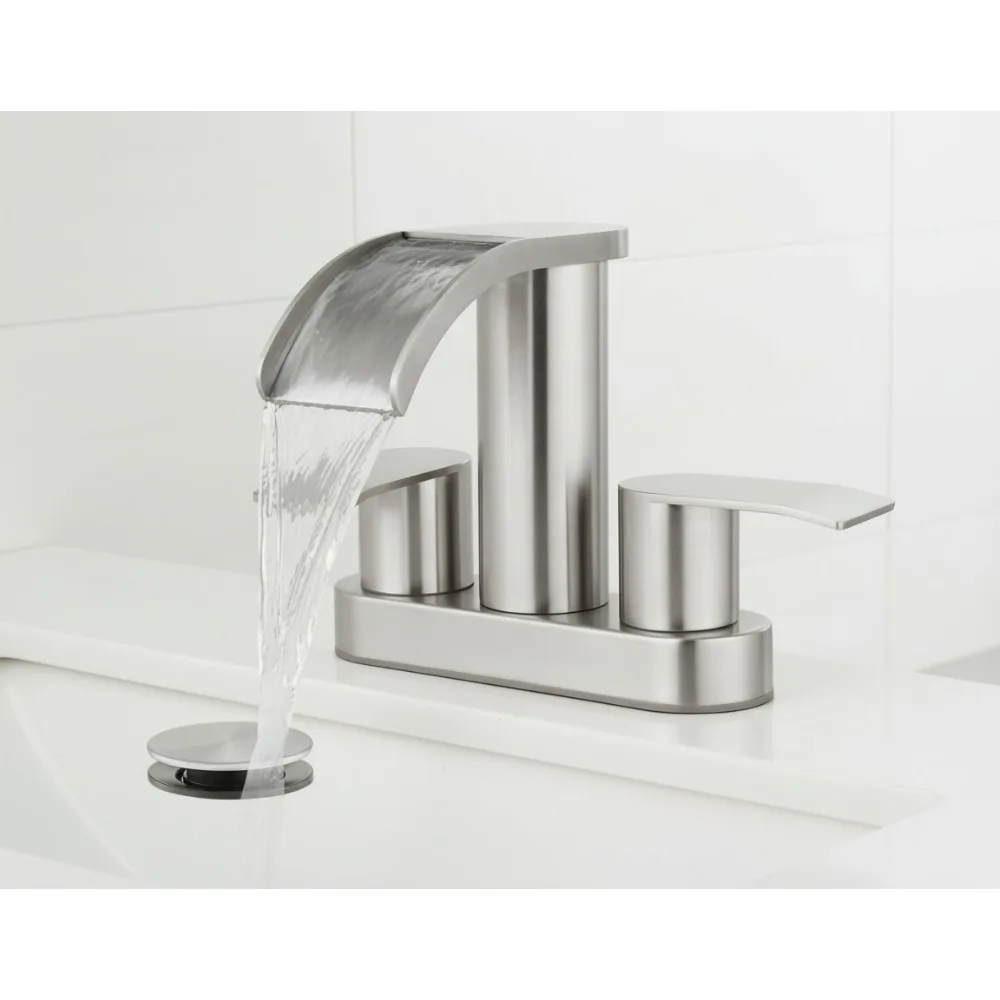 

4 Inch Waterfall Bathroom Sink Faucet Deck Mount 2 Handle Basin with Pop Up Drain Modern Brushed Nickel