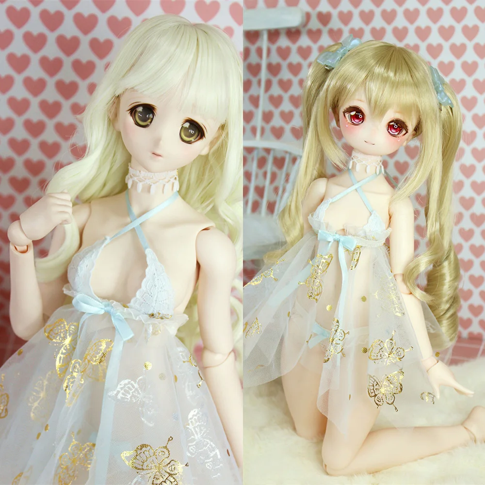 [High Quality] 1/3 1/4 Golden Butterfly Halter Mesh Lace Pajamas Dress Thong Set with Necklace for BJD MDD Uncle UD75 Dolls