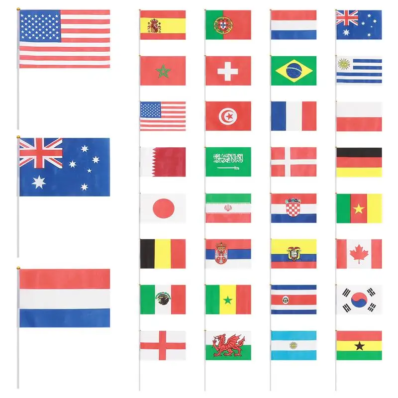 

32PCS Hand Held Small National Flag On Stick International World Country Stick Flags Banners 32 Countries 14x21cm