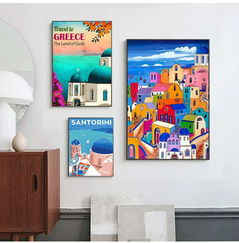 Travel to Greece Santorini Island Canvas Painting Vintage Wall Kraft Posters Coated Wall Stickers Home Decorative Pictures Gift
