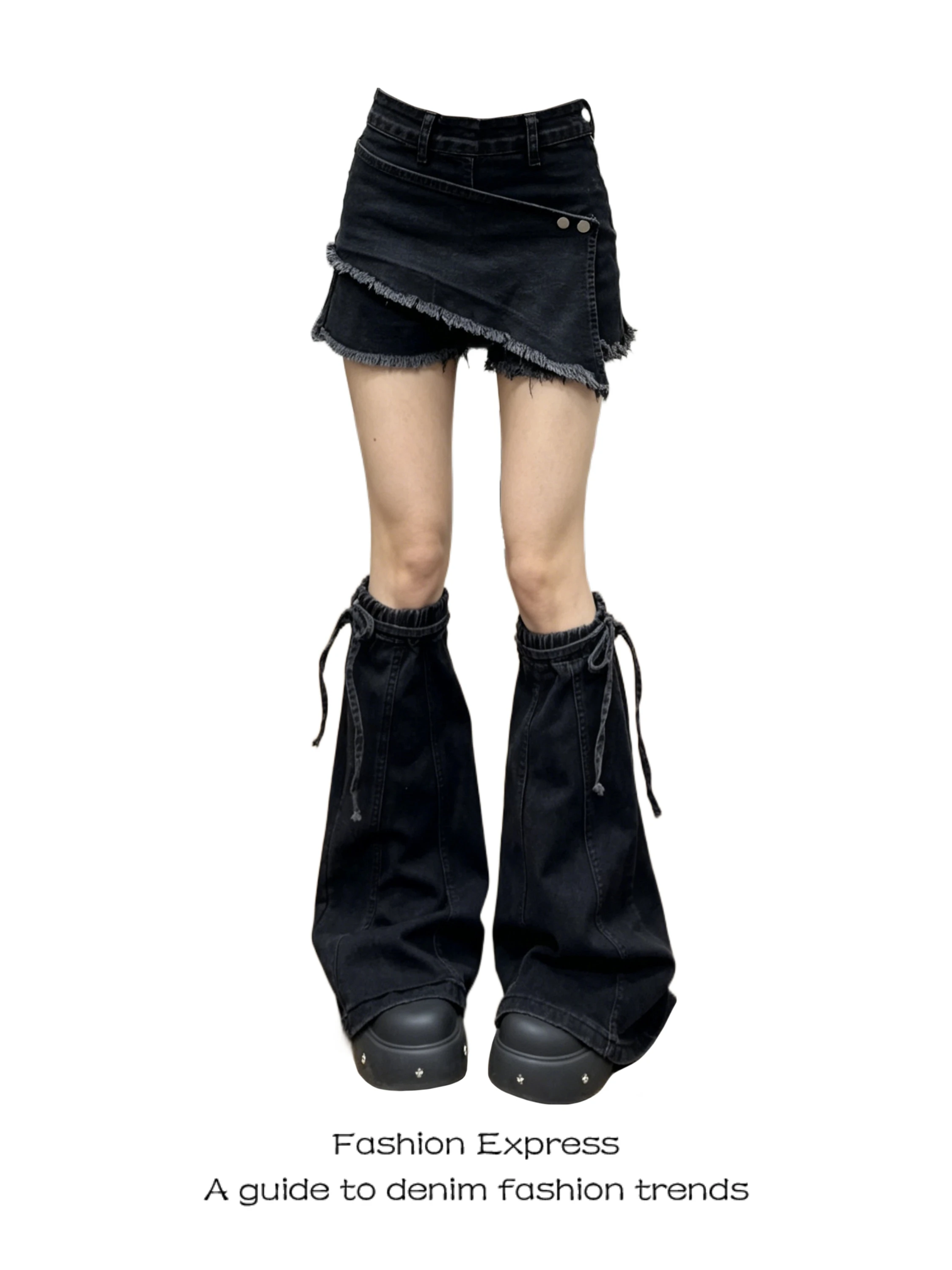 

Black Casual Denim Shorts Women's Two-Piece Set High Waist Asymmetric Button-Up Jeans for Commuting All Seasons